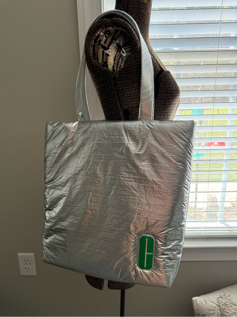 Clinique Silver Tote with Green Logo Accent